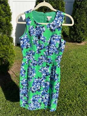 Vibrant, pretty J. Crew Green Dress with Blue & White Floral Print